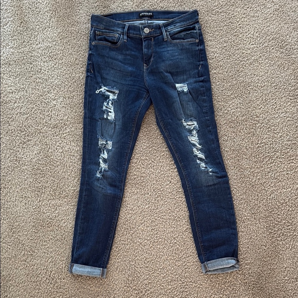 Express Blue Ankle Cropped Jeans with Distressed Style